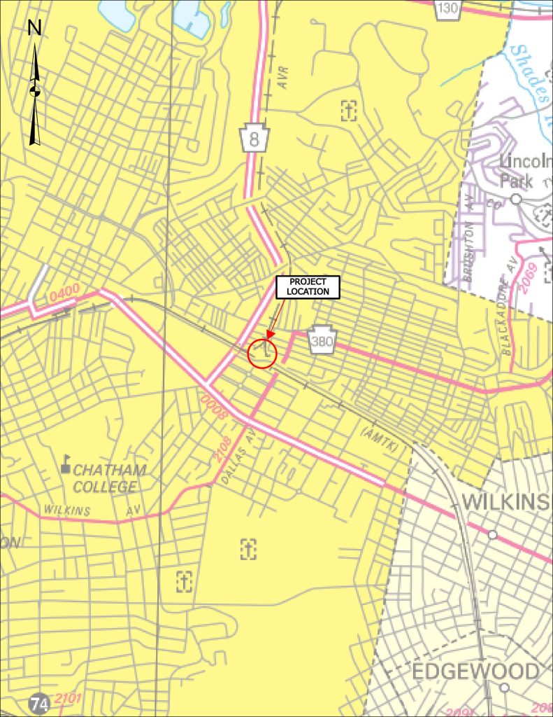 Location map showing the project site on the Amtrak rail corridor in the Edgewood/Swissvale area east of Pittsburgh, Pennsylvania, near Route 380.