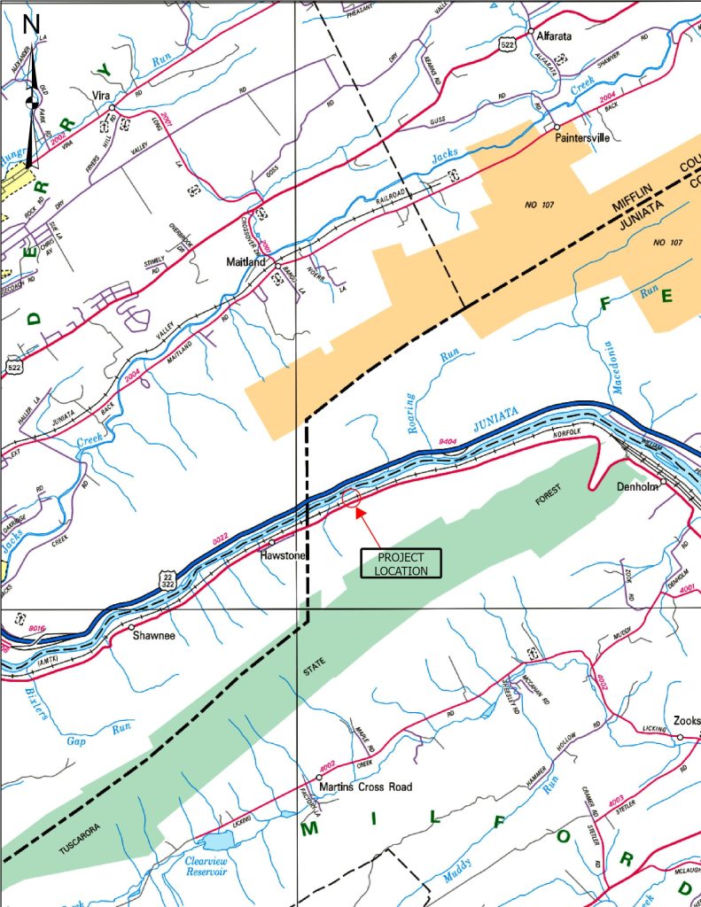 Location map showing the project site along the Juniata River near Hawstone, Pennsylvania, between Maitland and Denholm.