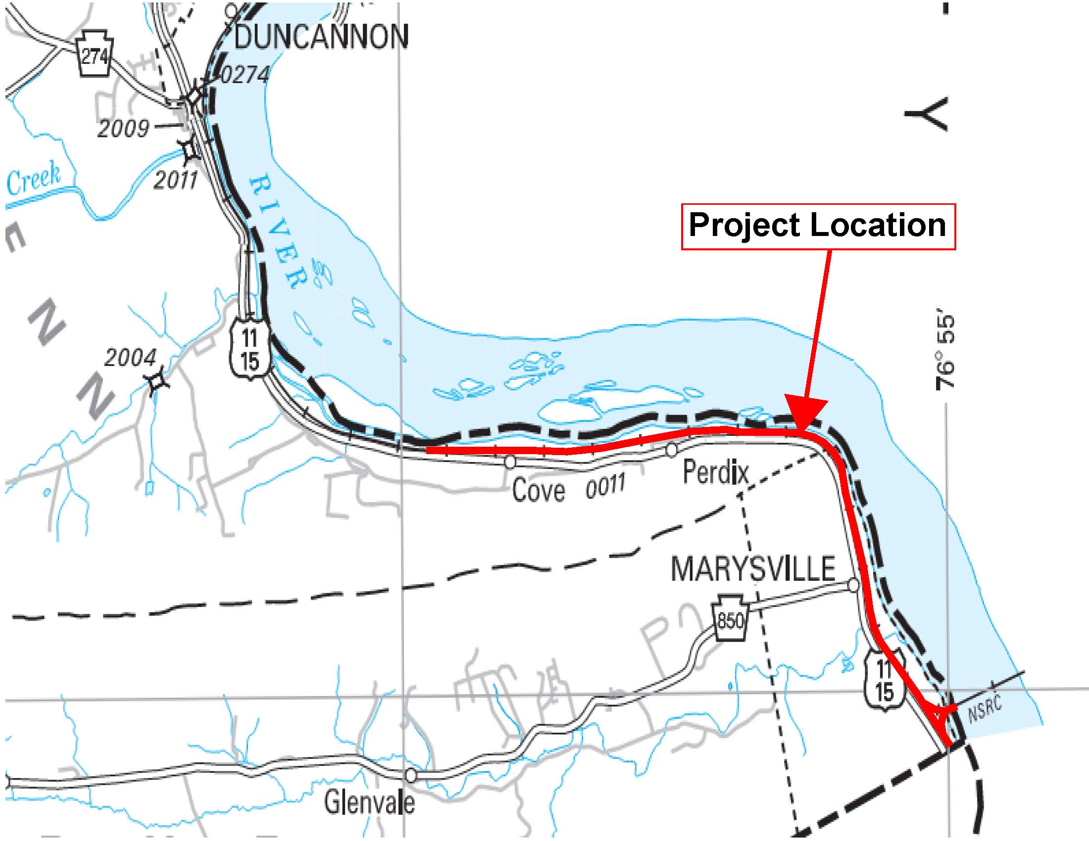 Map highlighting the Enola Third Main project location along the Susquehanna River between Duncannon and Marysville, Pennsylvania, with the project segment marked in red.